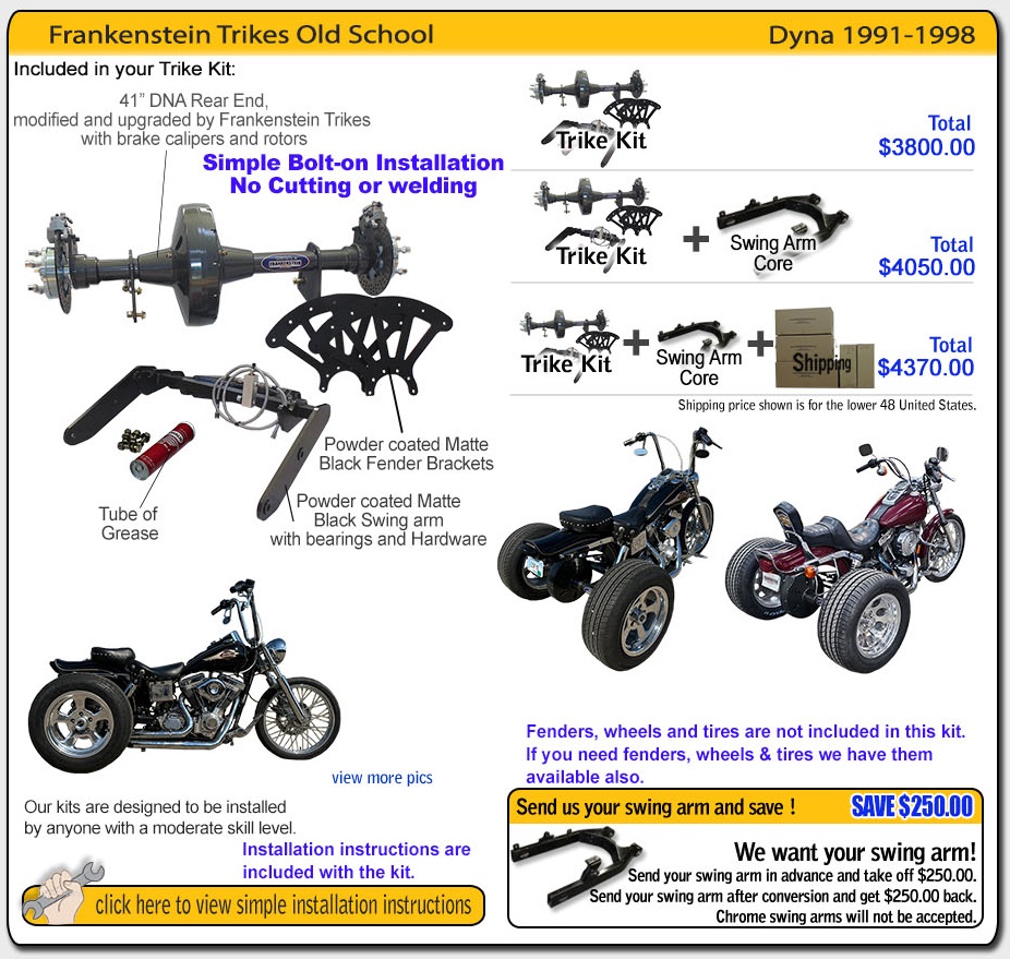 Frankenstein Trike kit for harley davidson Dyna contents and pricing 